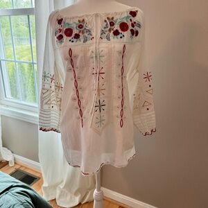 Johnny Was Large Cotton Embroidered Peasant Top Shirt